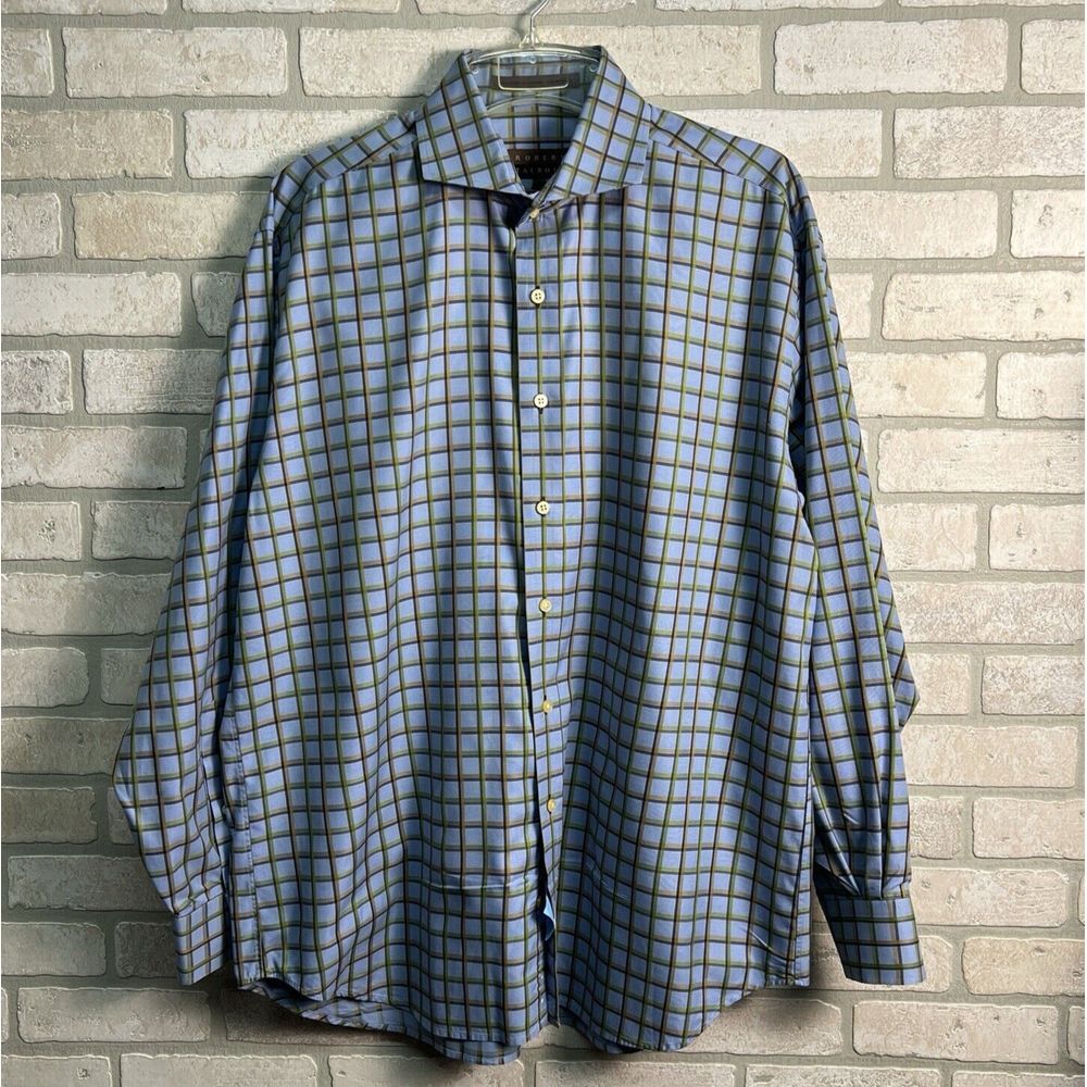 Robert Talbott Button Up Shirt Mens Size XL‎ Blue Green Plaid Long Sleeve